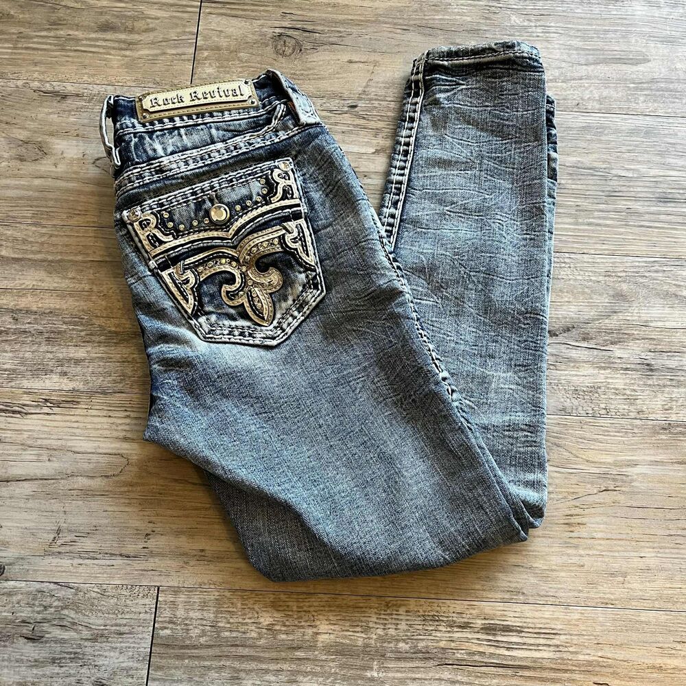 Rock Revival Jeans 26 Adalin Low Rise Ankle Skinny Stretch Jean Blue Grunge $172 - Picture 5 of 11